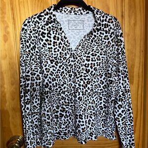 Charter Club brown and Black Animal Print V neck with Collar 💯 Cotton Top